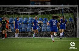 Gemma Woolley celebrates scoring Manly United's 2nd goal in their 3-0 victory over Sydney Olympic, which took them to 1st place in NPL Women's NSW. Photo credit: Jeremy Denham for Football NSW